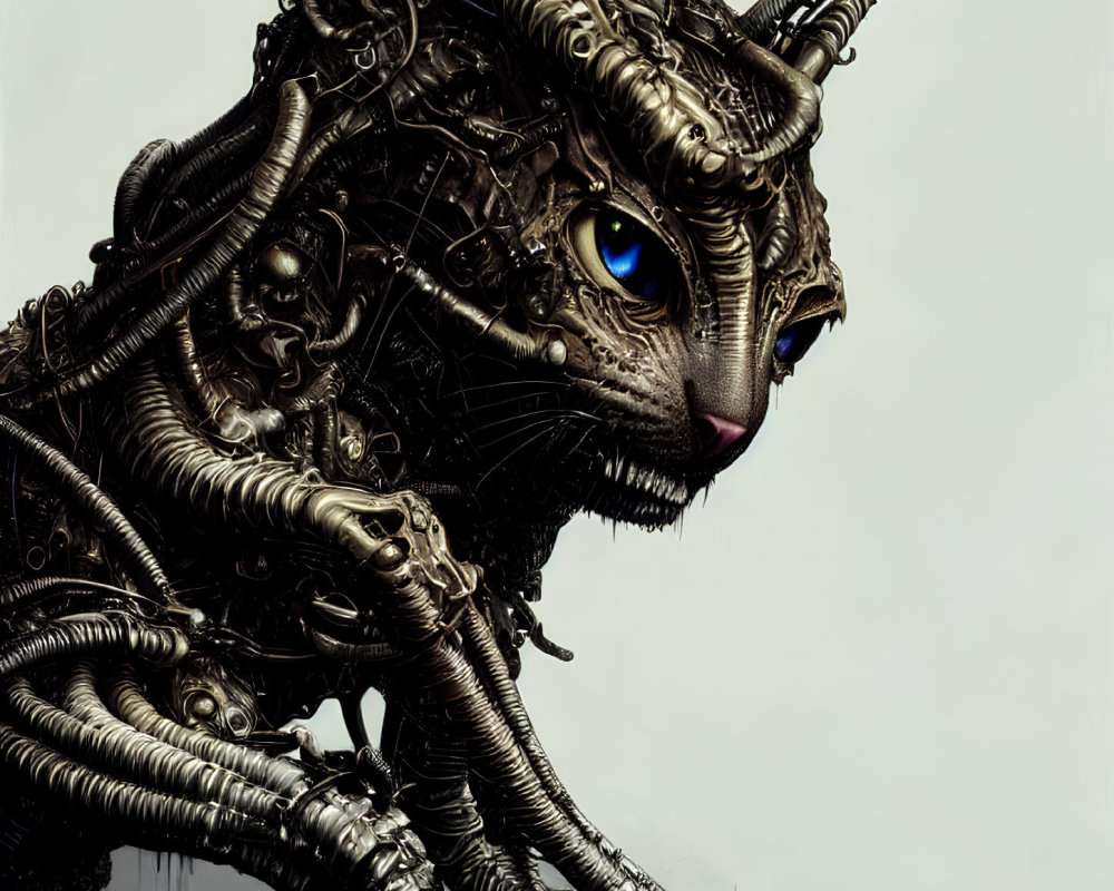 Detailed Illustration: Mechanical Cat with Intricate Metal Components and Striking Blue Eyes