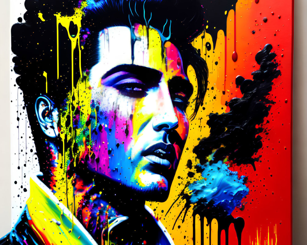 Vibrant portrait of a man with dripping paint effects in yellow, blue, red, and purple