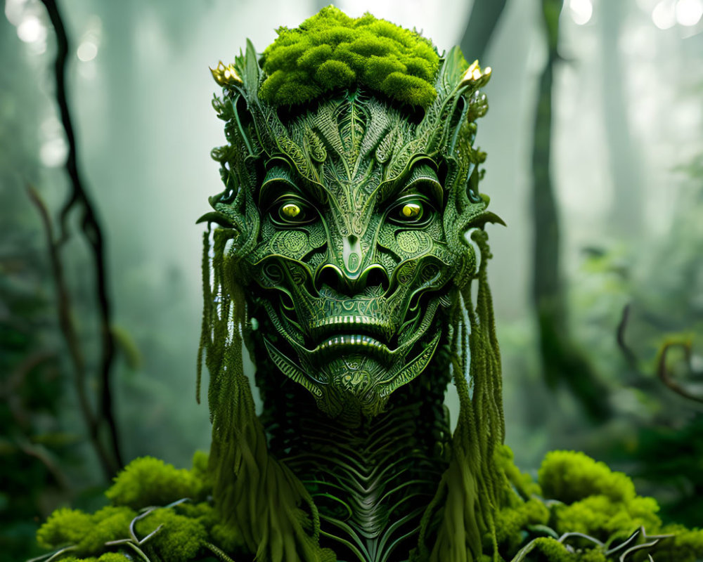 Green forest deity with intricate patterns and glowing eyes in foggy woodland