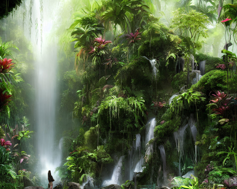 Tropical jungle with waterfalls, lush flora, and sunlight beams
