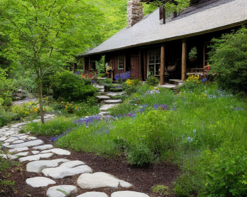 Rustic house with wooden porch, stone pathway, lush greenery, colorful garden