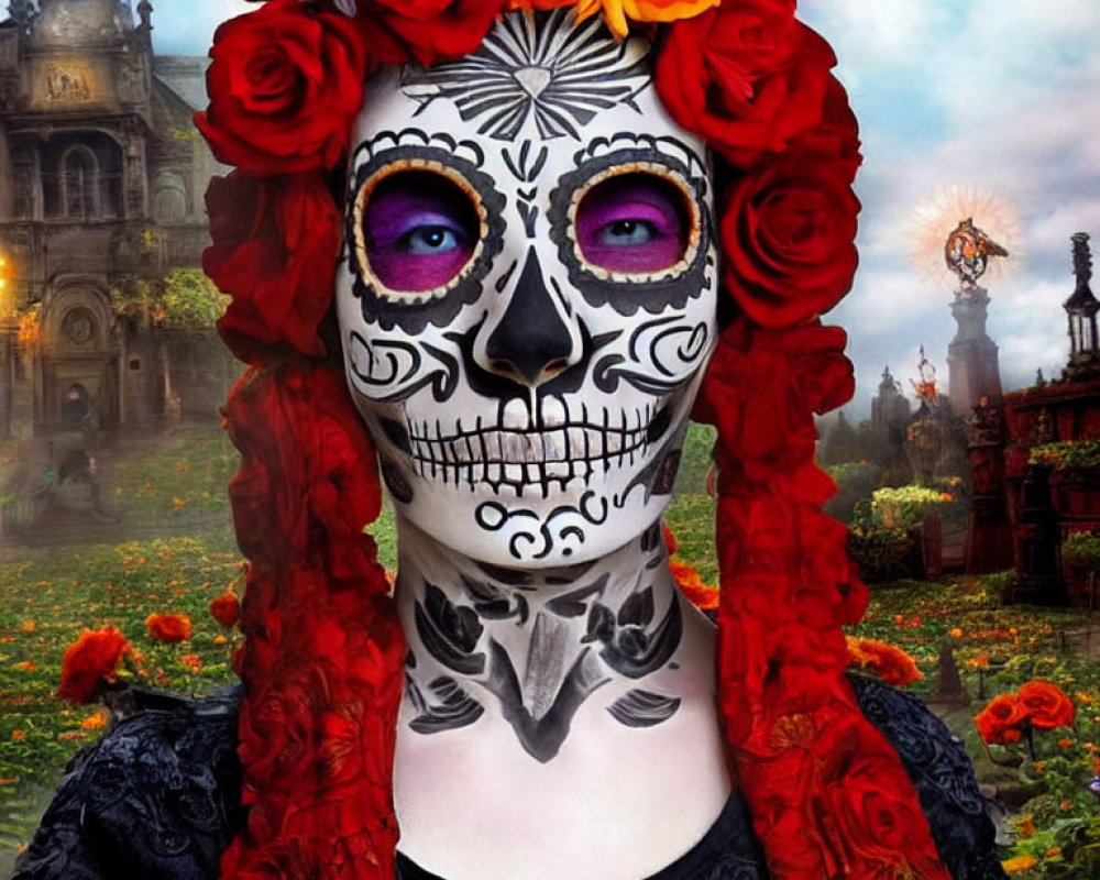 Day of the Dead makeup with skull design and orange flower crown on floral backdrop