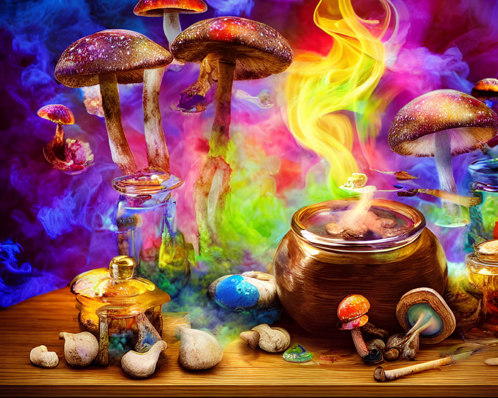 Fantasy scene with glowing mushrooms, cauldron, potion bottles, and ingredients
