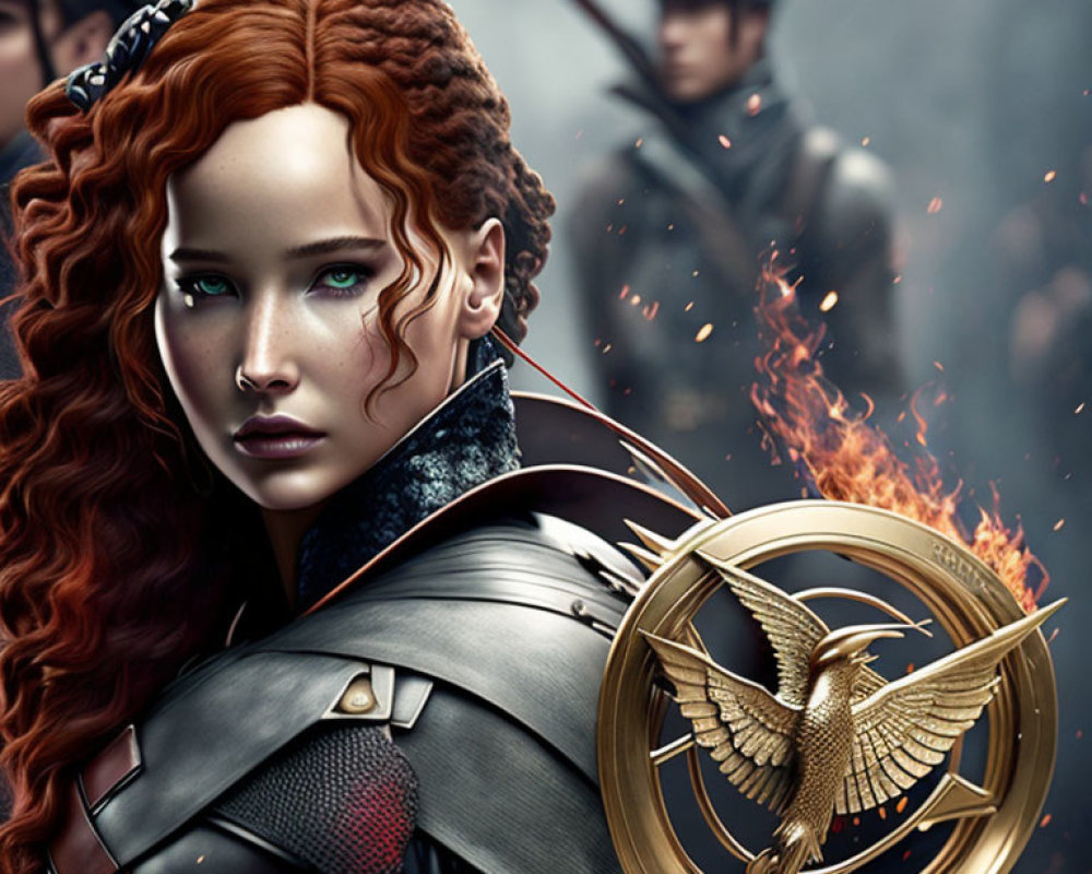 Red-Haired Warrior Woman with Mockingjay Pin in Digital Artwork