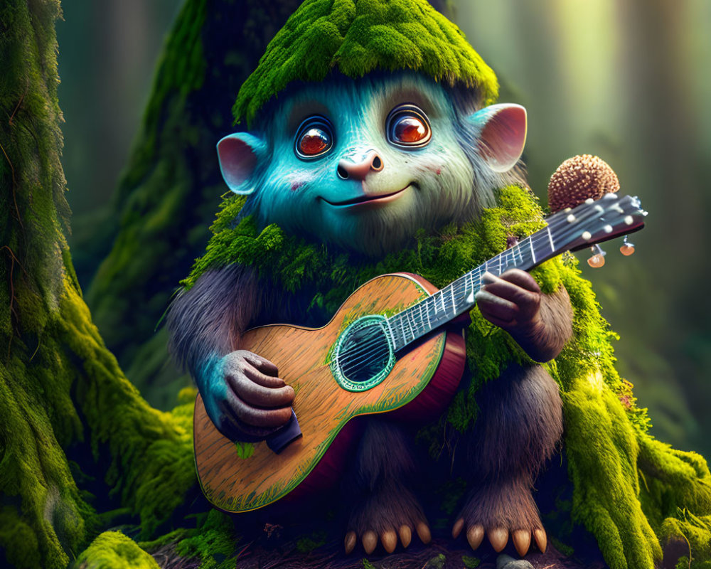Whimsical creature playing guitar in enchanted forest