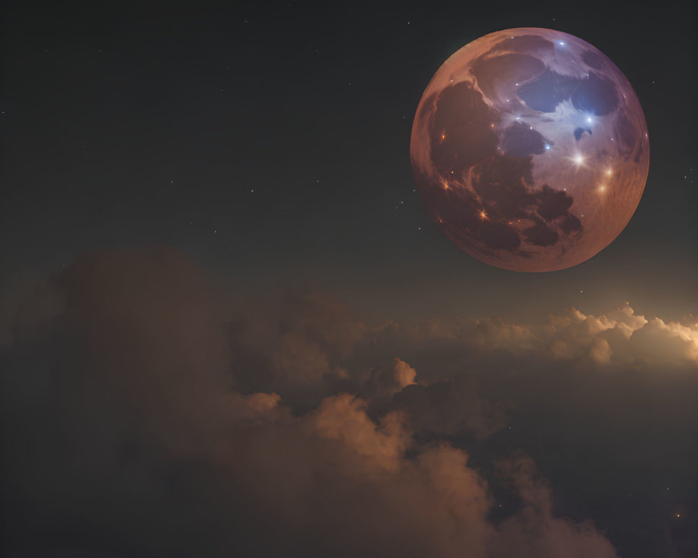 Ethereal pinkish planet in dark sky above sunset-tinged clouds