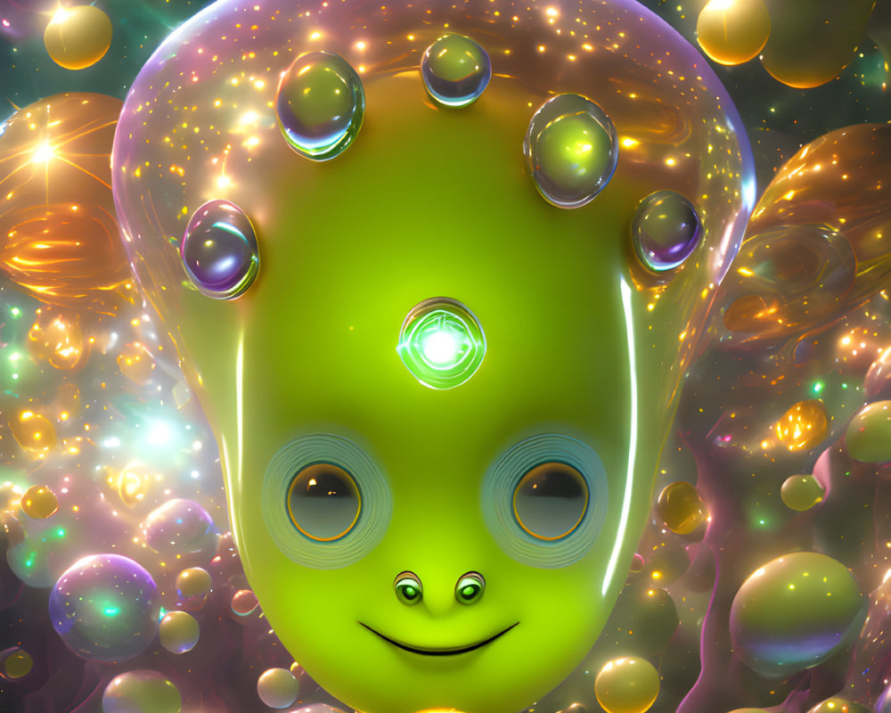 Vibrant green alien with bubbles on head in colorful space scene