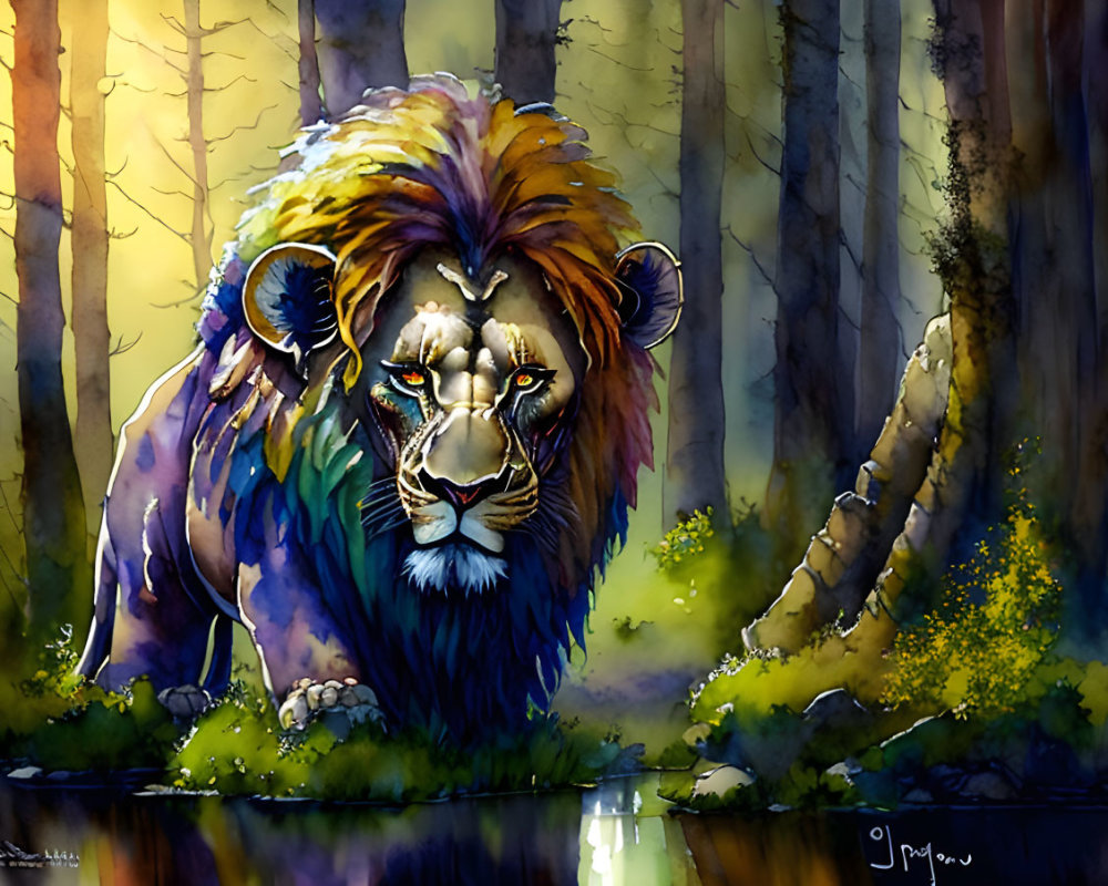 Vibrant lion illustration by woodland waterhole