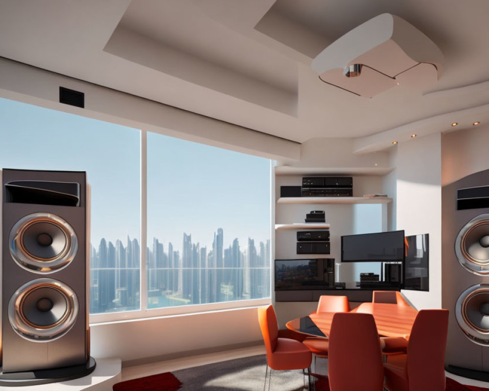 Spacious living room with city skyline view, high-end audio, TV, and orange dining chairs