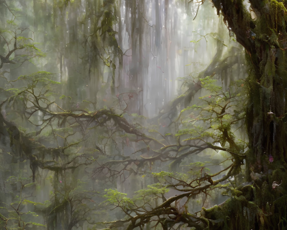 Mystical forest scene with sunbeams, moss-covered trees, and a white bird.