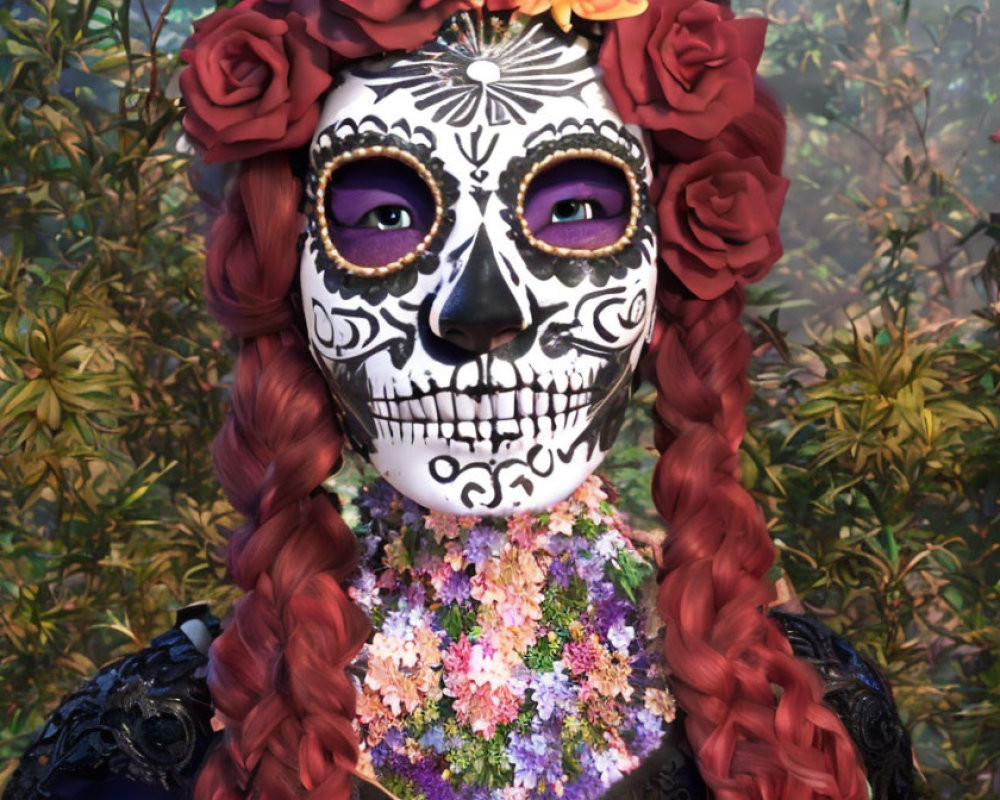 Person with Sugar Skull Face Paint and Floral Headpiece in Front of Foliage