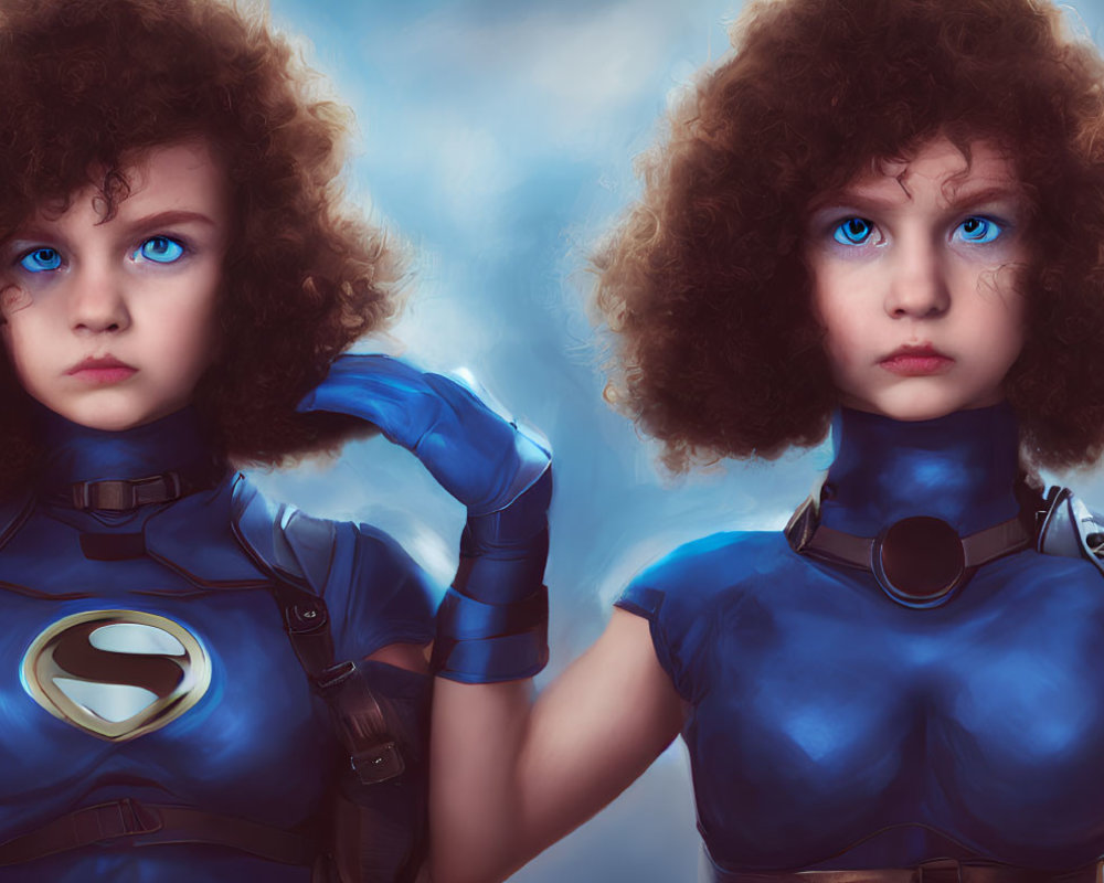 Two curly-haired kids in superhero costumes with bright blue eyes.