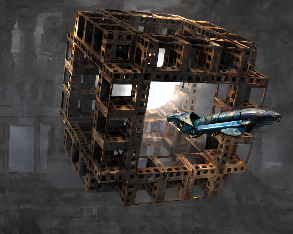 Spaceship nears intricate cube structure in futuristic cityscape
