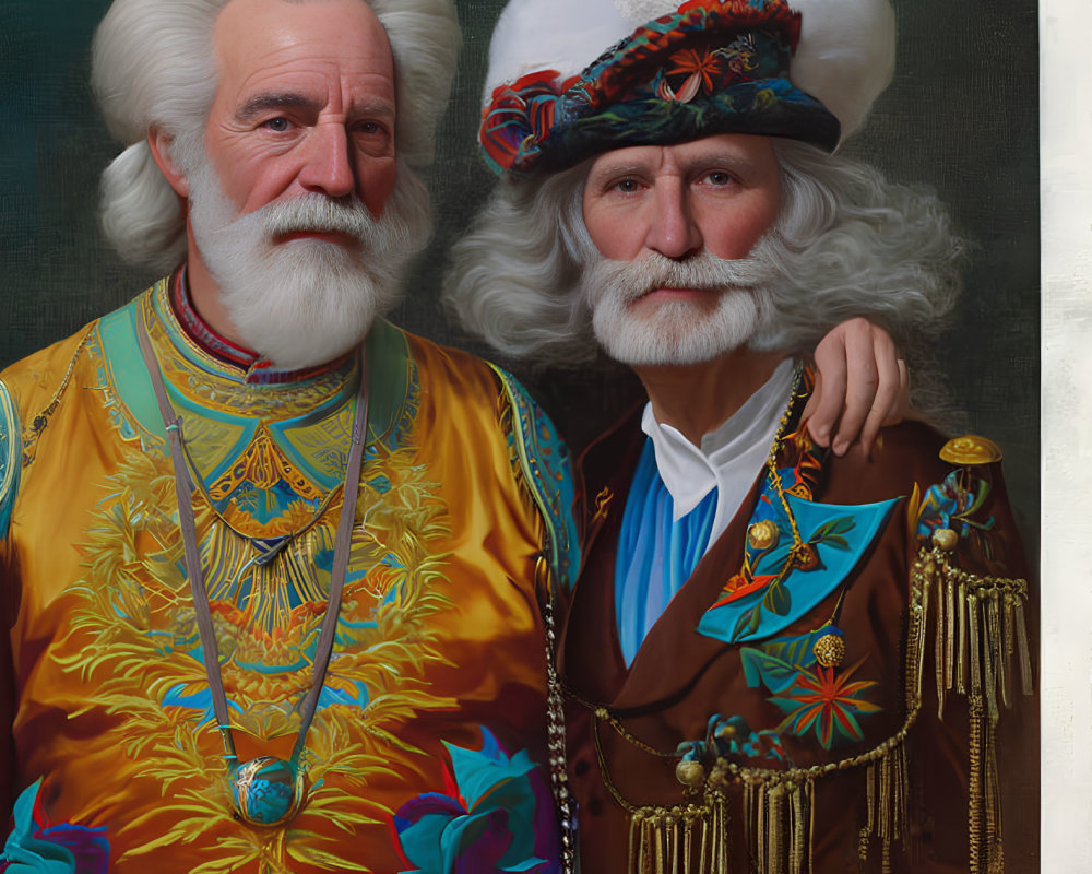 Elderly gentlemen in colorful historical garb with vibrant hat