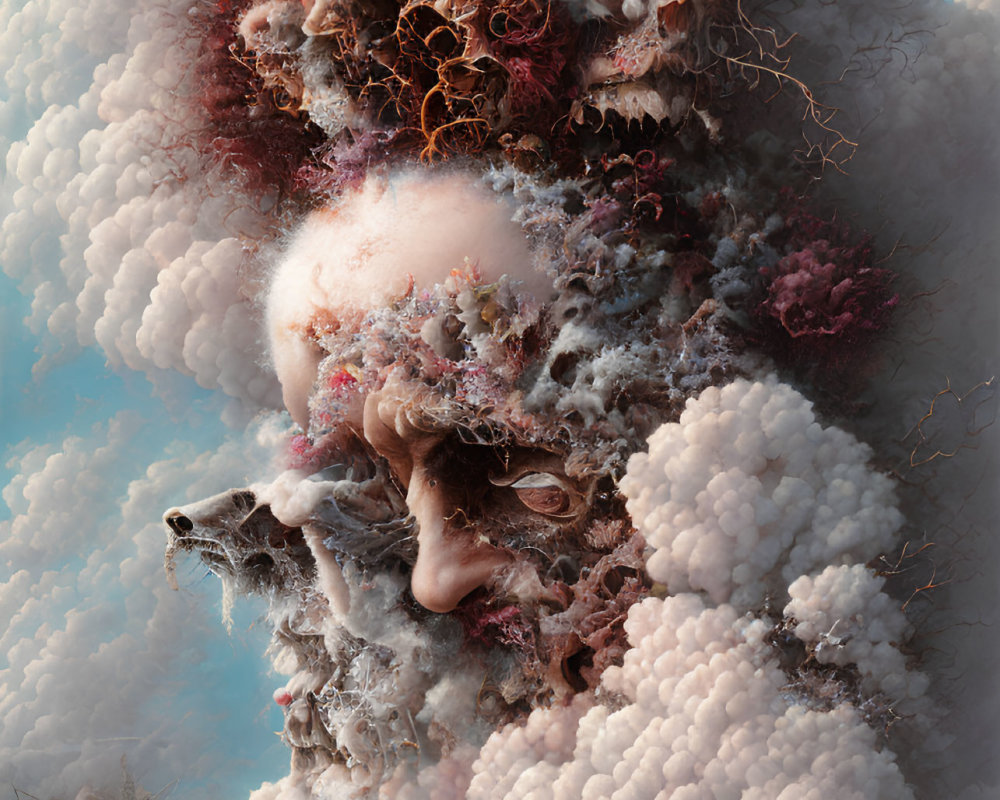 Surreal portrait with clouds, ornate structures, and floral elements