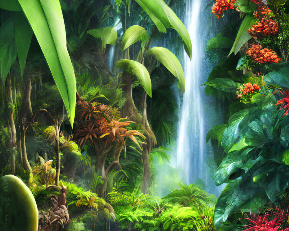 Tropical jungle scene with vibrant waterfall and lush green foliage