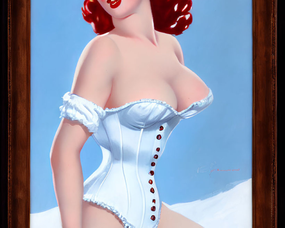 Vintage Pin-Up Illustration of Red-Haired Woman in White Corset