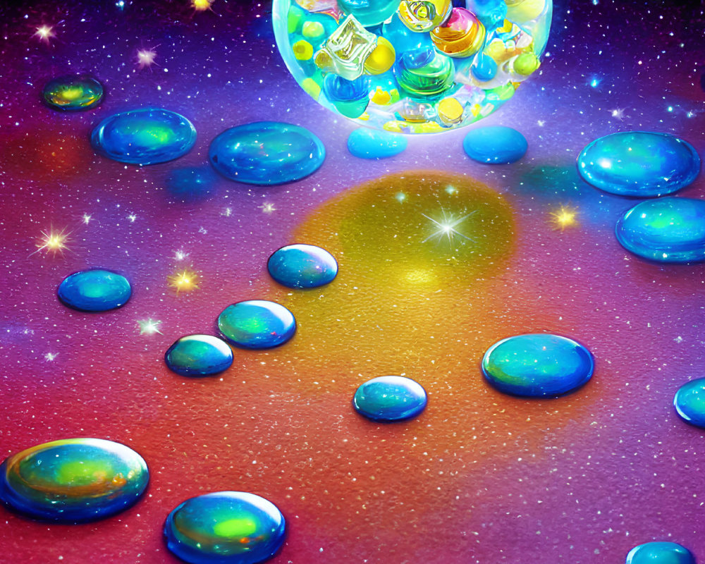 Vibrant cosmic illustration with glittering stars and iridescent bubbles