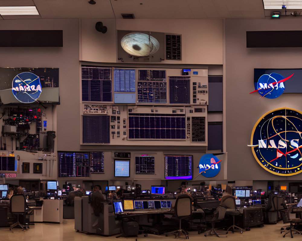 NASA-themed control room with workstations and large screens