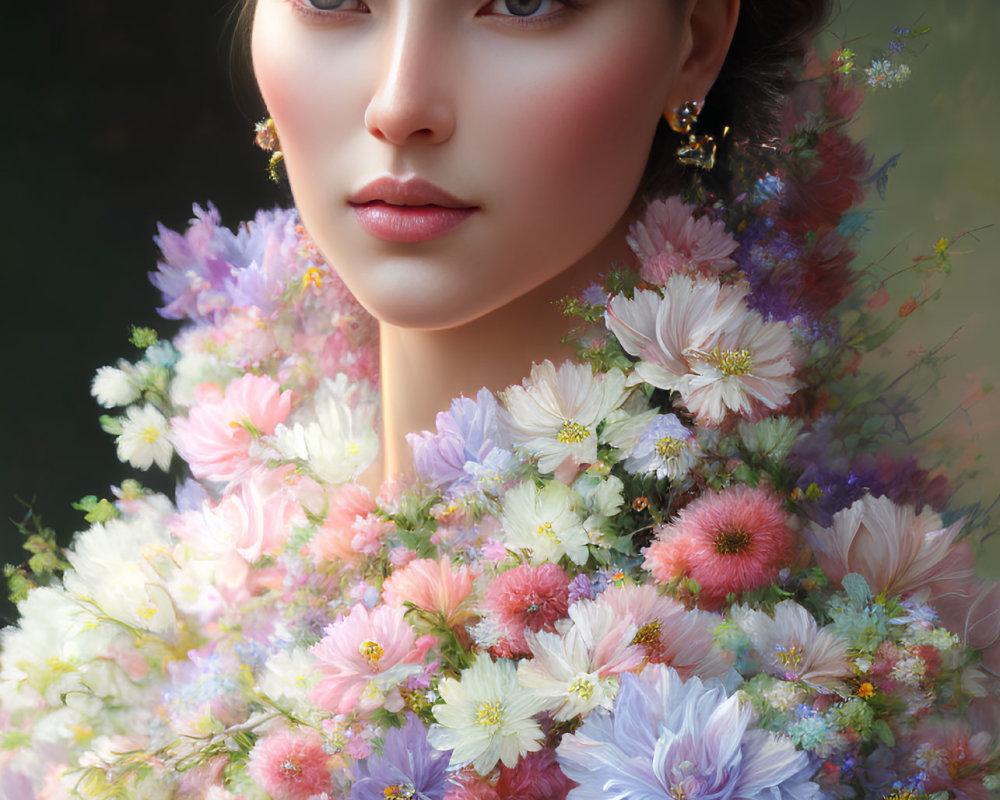 Woman in Serene Expression with Vibrant Floral Arrangement and Elegant Headpiece