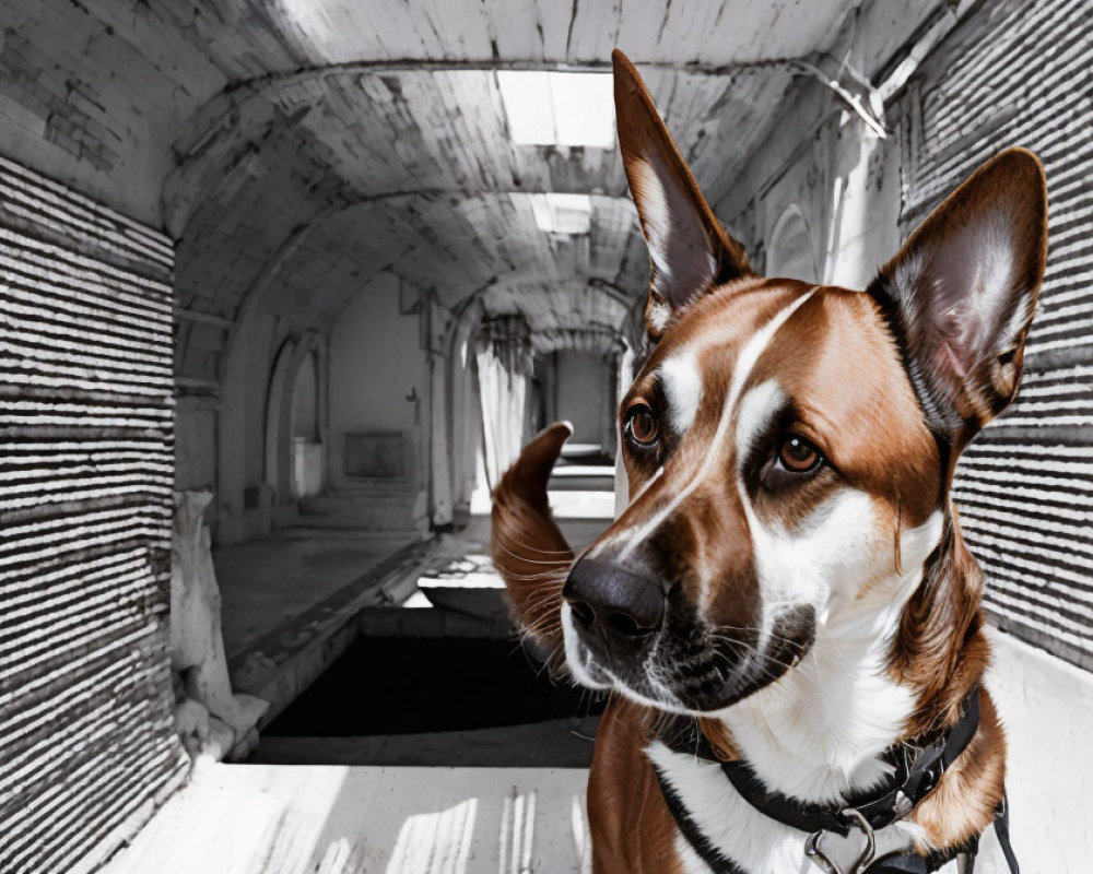 Brown and White Dog with Collar in Focus Against Blurred Corridor Background