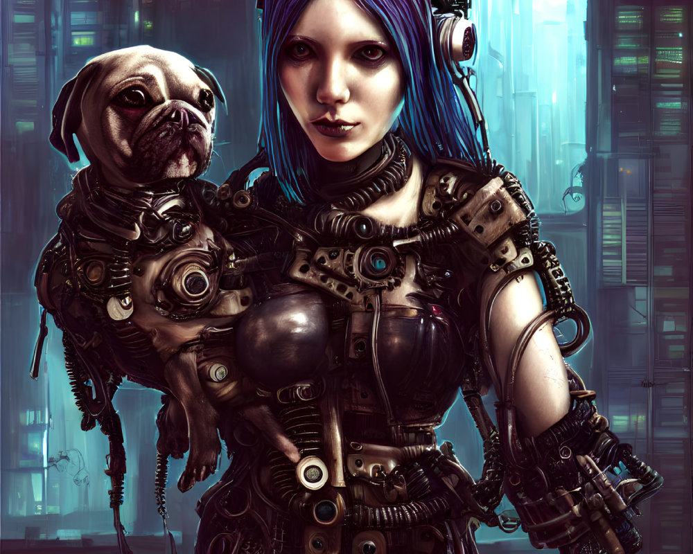 Blue-haired woman with cybernetic enhancements and mechanical pug in futuristic cityscape.