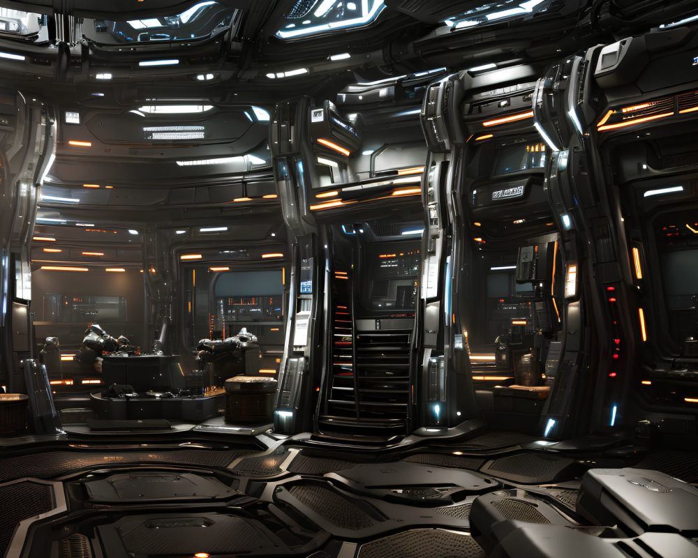 Futuristic spaceship interior with metallic surfaces, blue lights, complex panels, and central control area.