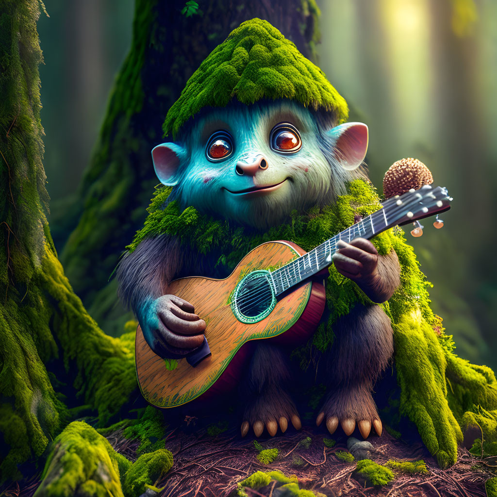 Whimsical creature playing guitar in enchanted forest