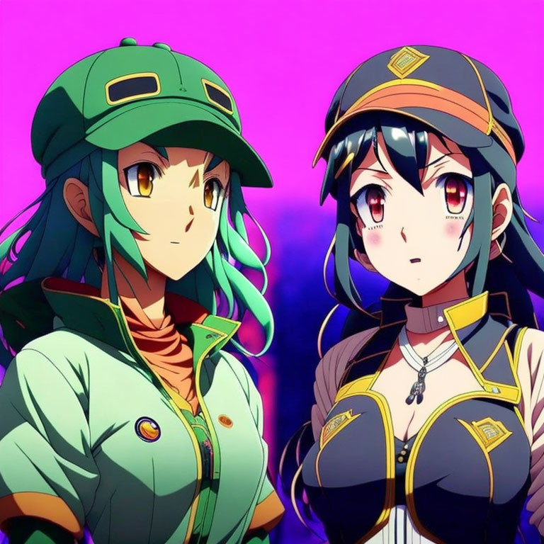 Two animated female characters in futuristic outfits with caps: one with green hair and a confident expression, the