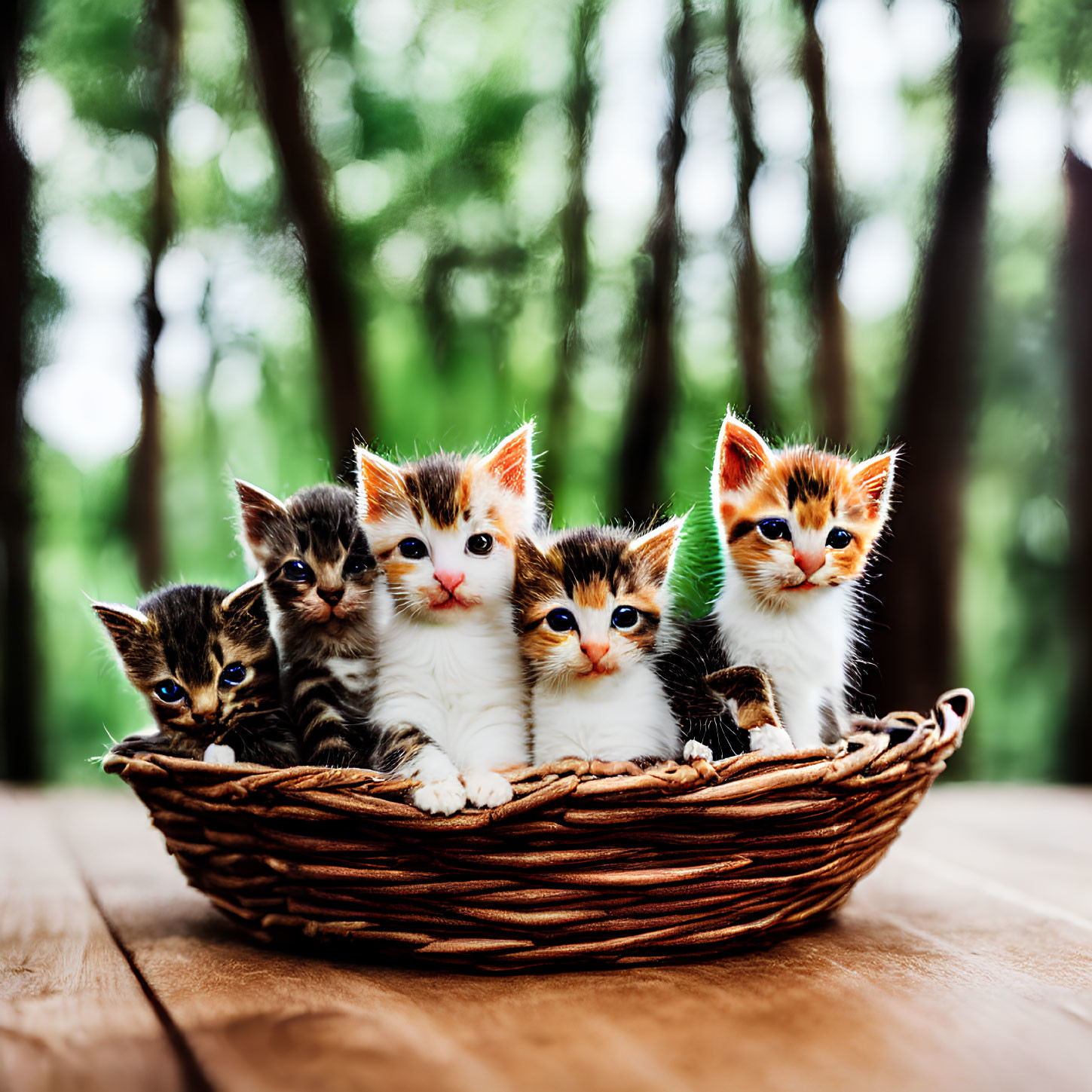 Five kittens in woven basket on wooden surface with green background