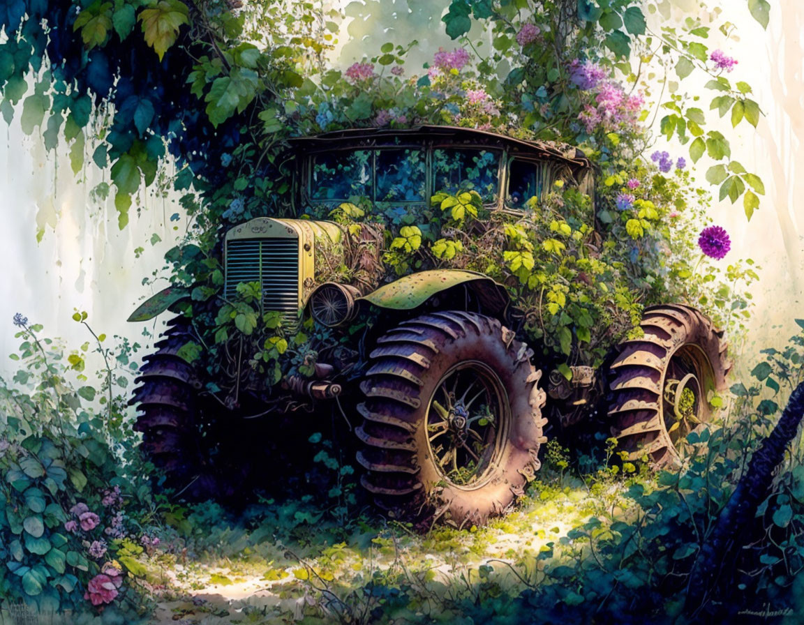 Abandoned truck reclaimed by nature in lush forest clearing