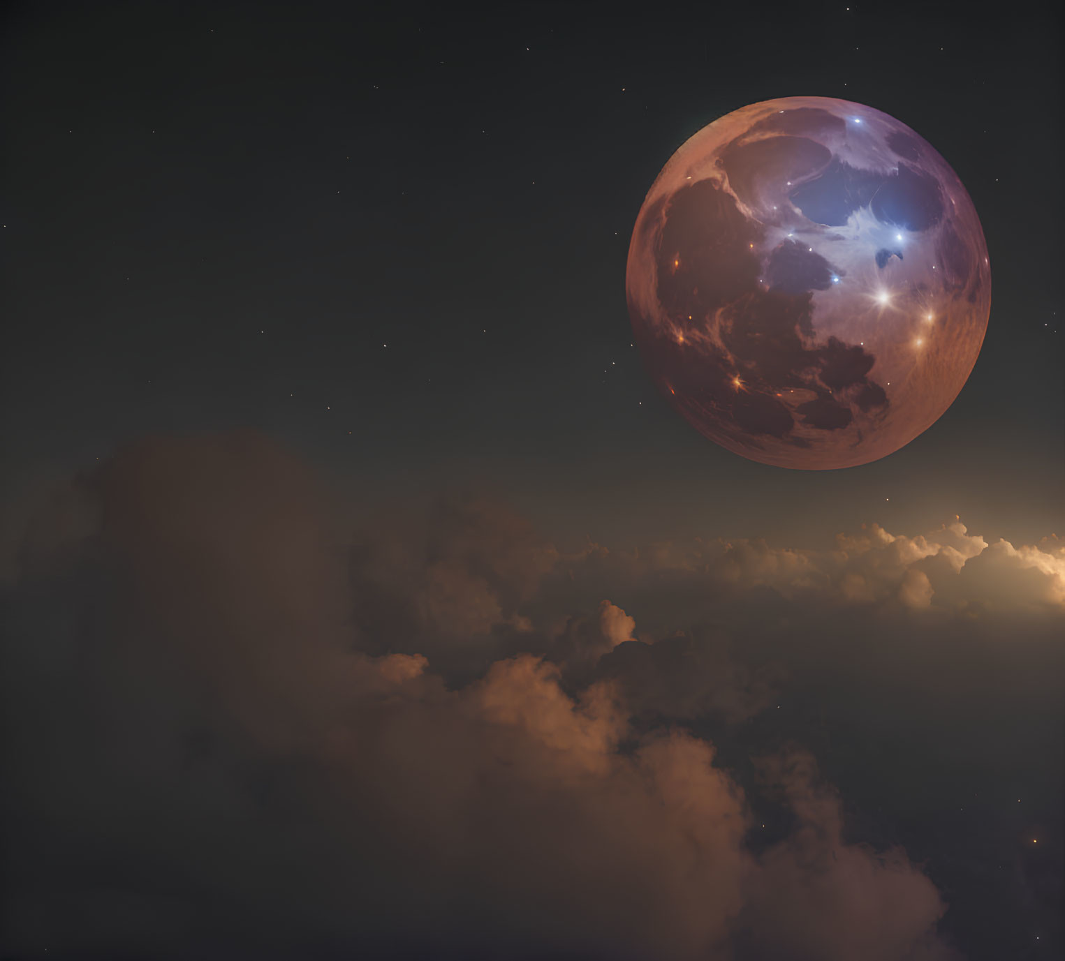 Ethereal pinkish planet in dark sky above sunset-tinged clouds