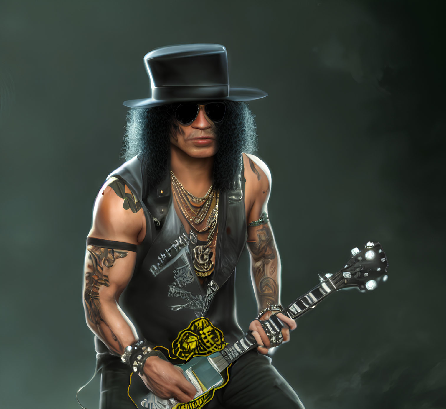 Person with Long Curly Hair in Top Hat Playing Electric Guitar