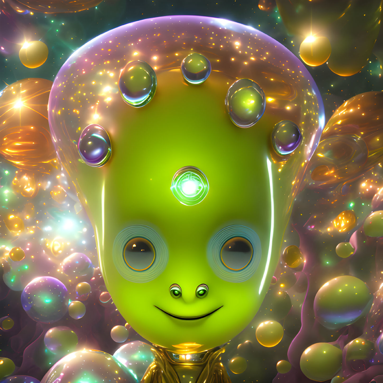 Vibrant green alien with bubbles on head in colorful space scene