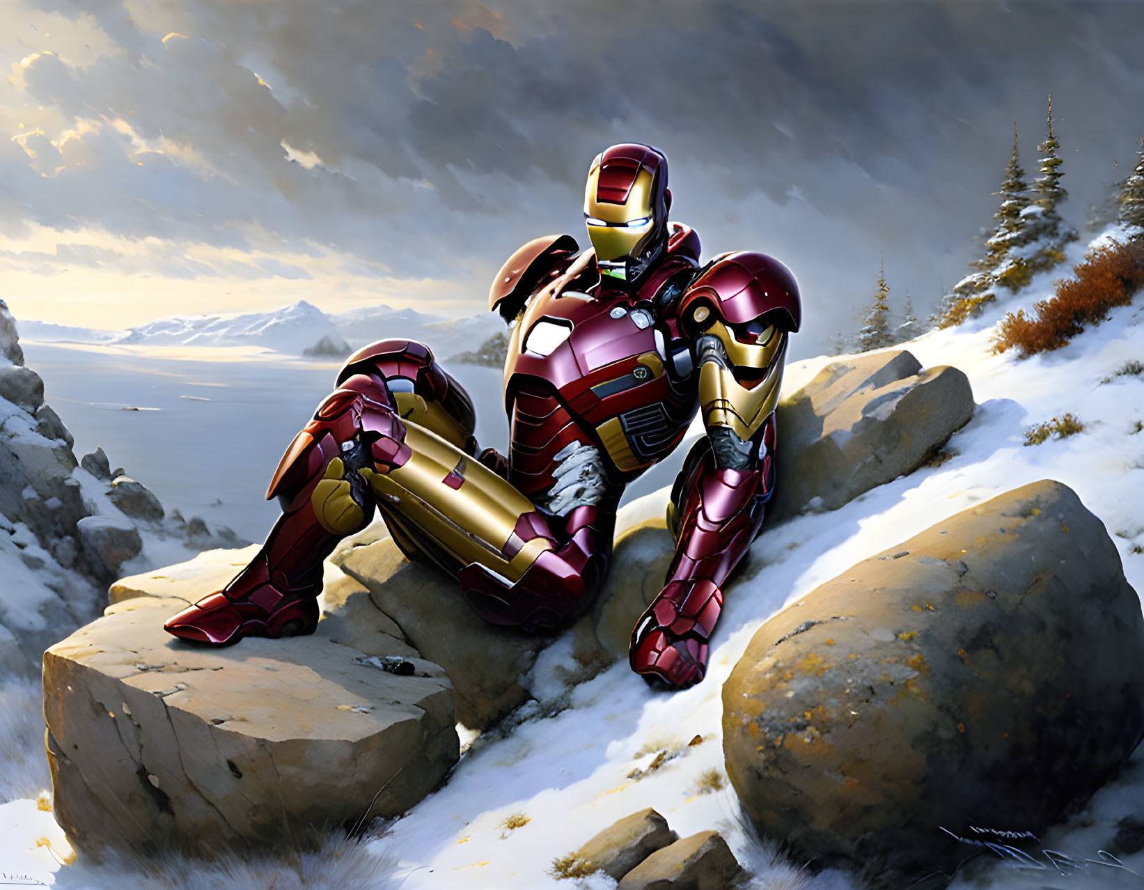 Iconic red and gold Iron Man illustration on snowy rocky terrain