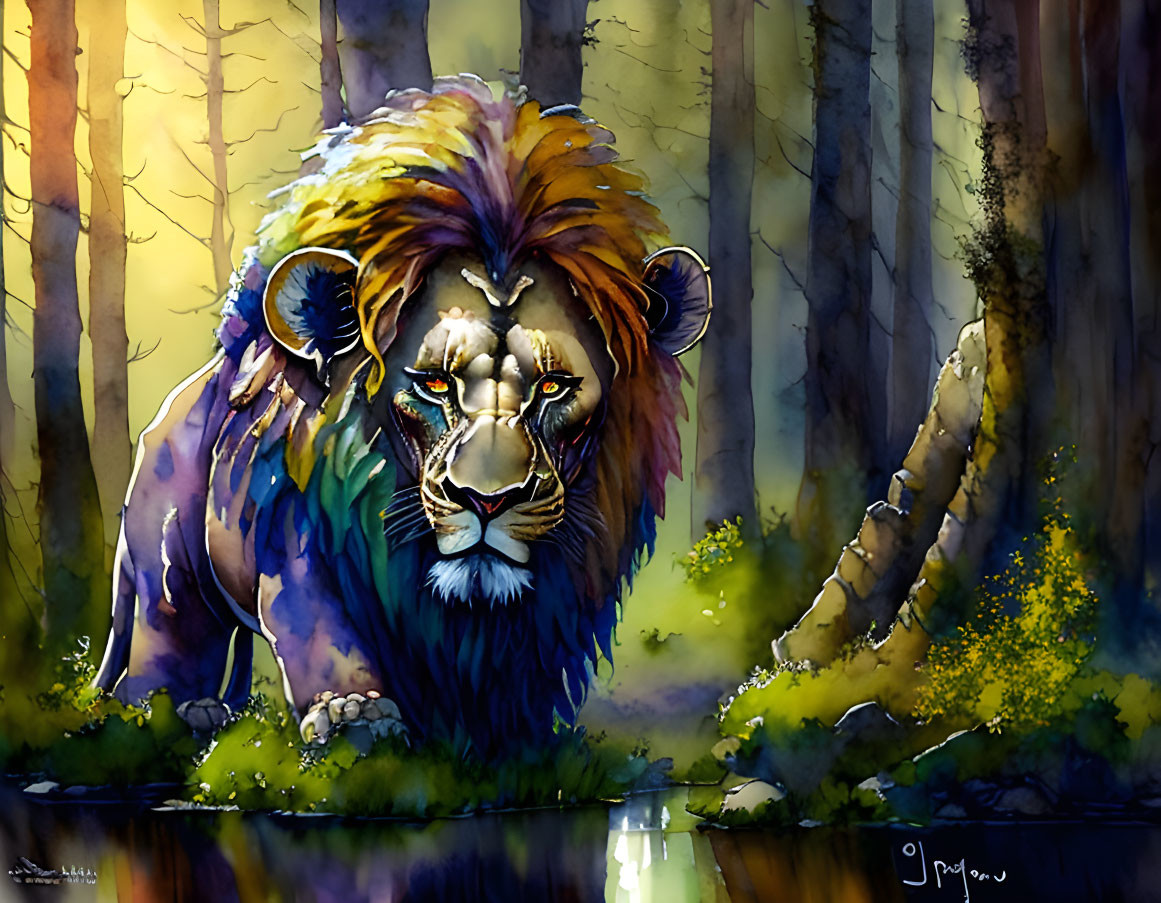 Vibrant lion illustration by woodland waterhole