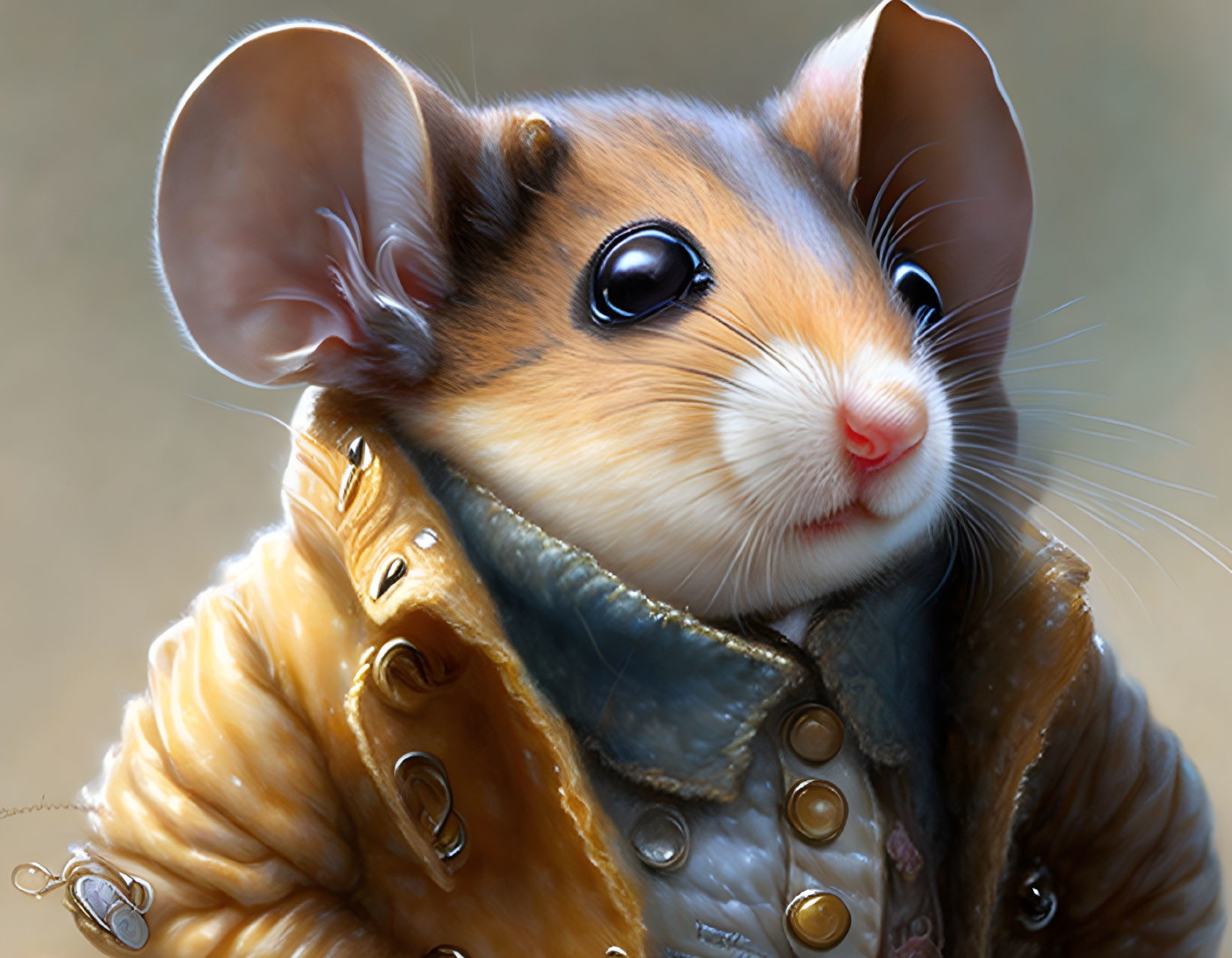 Detailed anthropomorphic mouse illustration in golden jacket and scarf