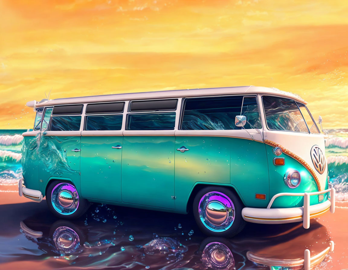 Vintage turquoise and white Volkswagen van on beach at sunset