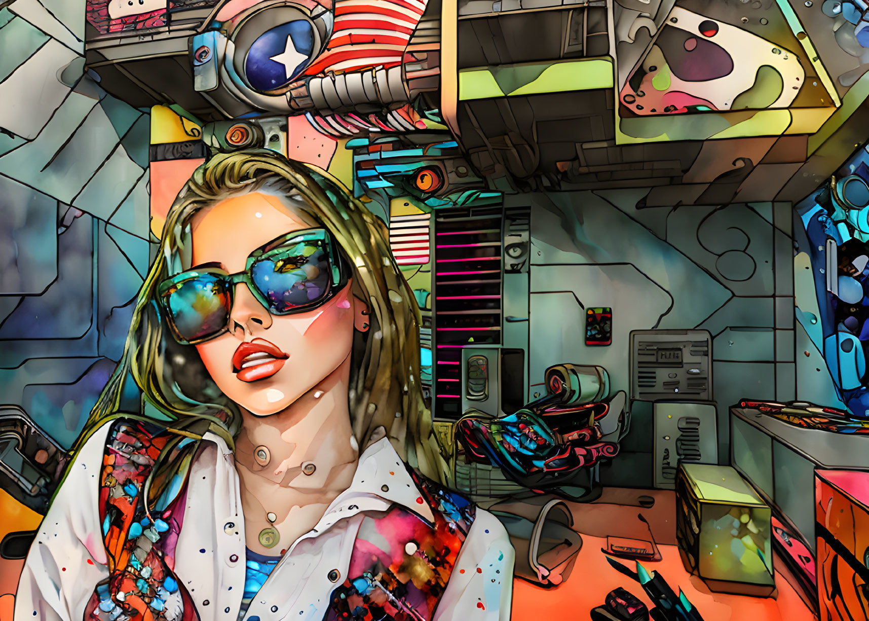 Fashionable woman in sunglasses amid vibrant futuristic graffiti setting