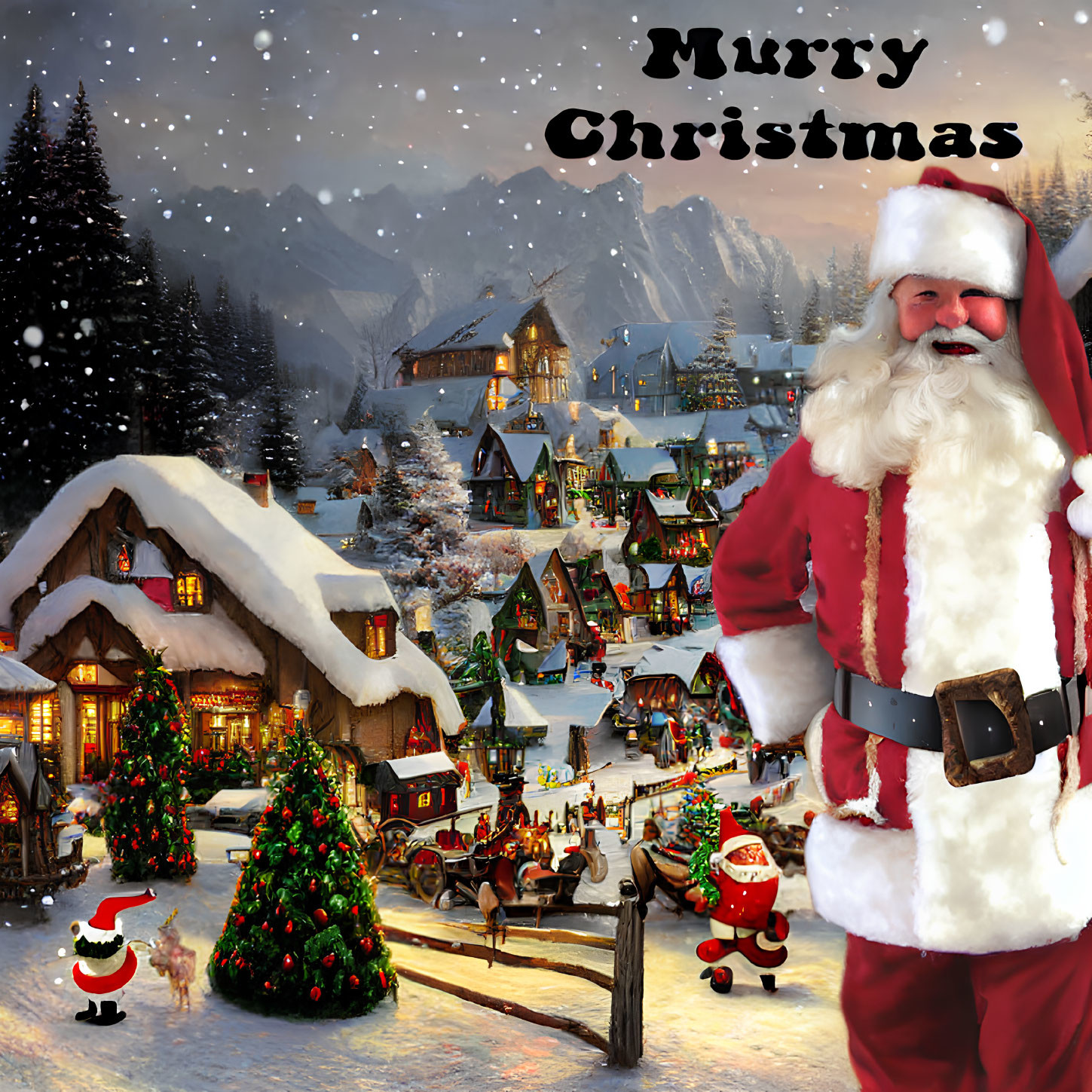 Festive Santa Claus with snowy village and Christmas tree backdrop.