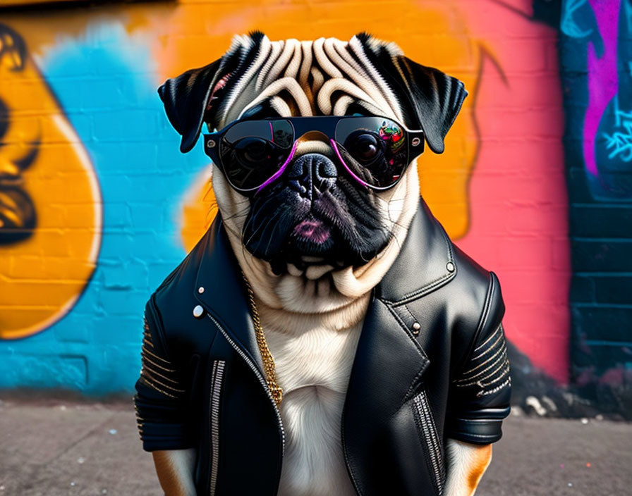 Pug in Sunglasses and Leather Jacket by Graffiti Wall