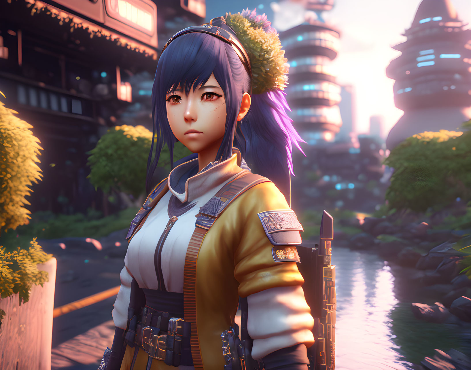 Digital artwork: Young woman with blue-purple hair in Asian attire in futuristic city at sunset