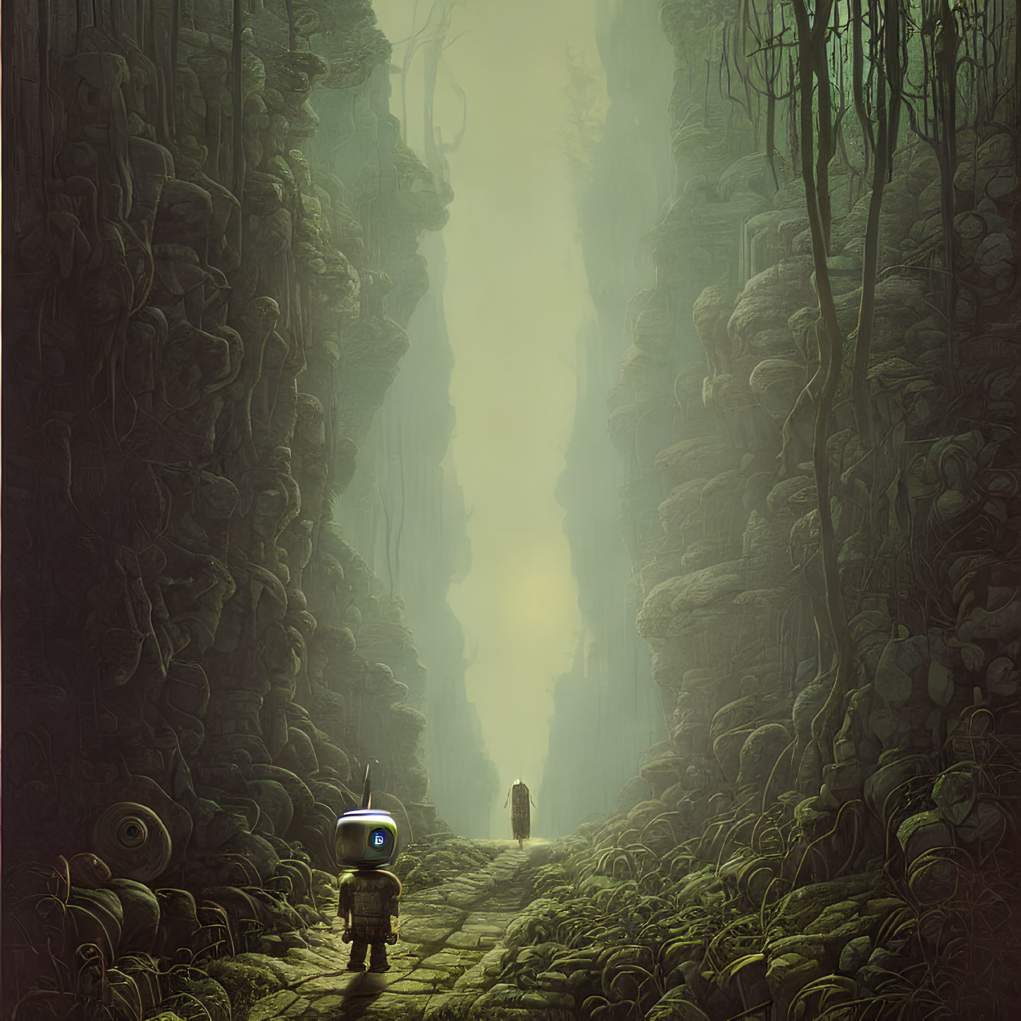 Robot and cloaked figure in mossy canyon with towering walls and mysterious light.