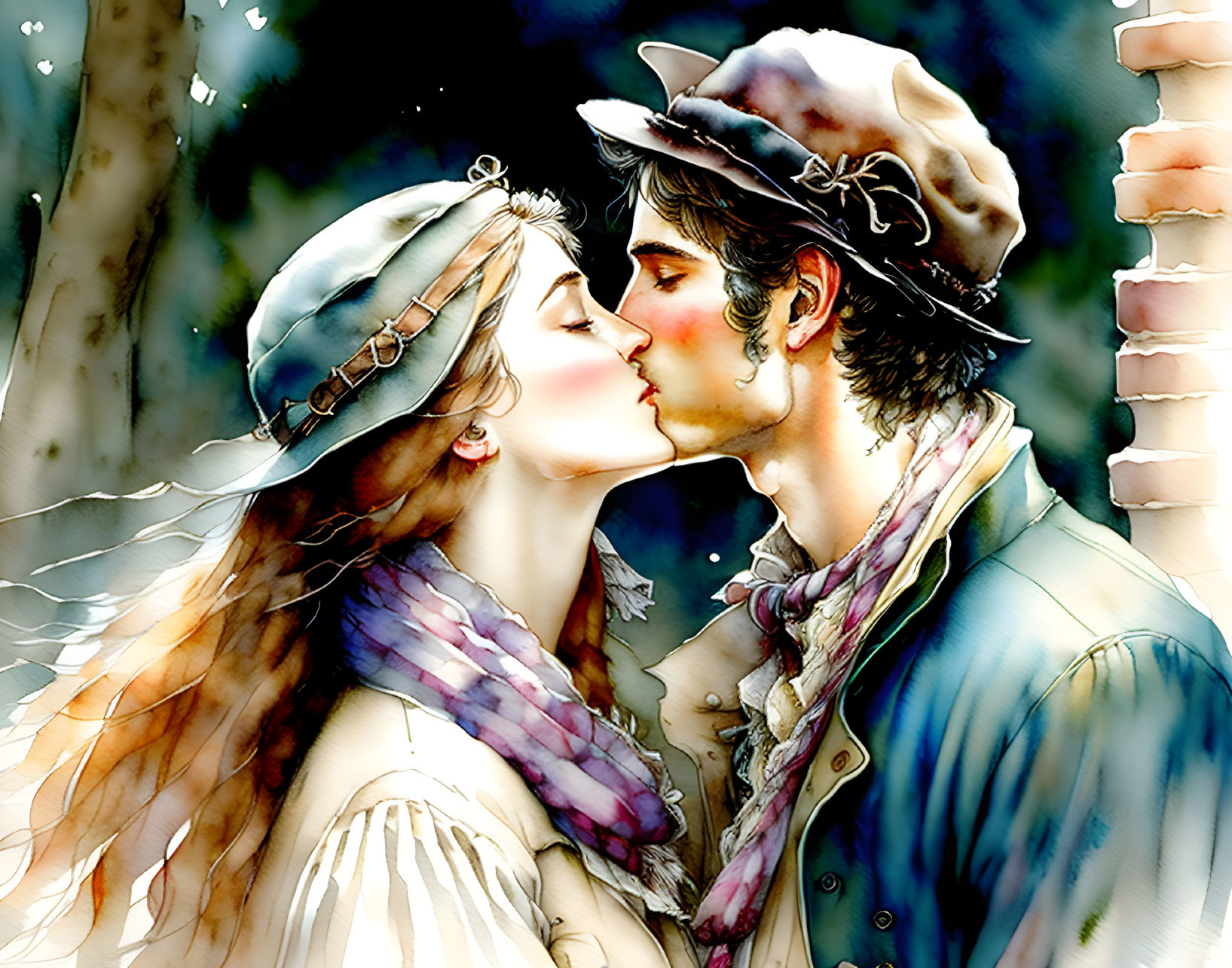 Romantic couple kissing in vintage hats and scarves in watercolor