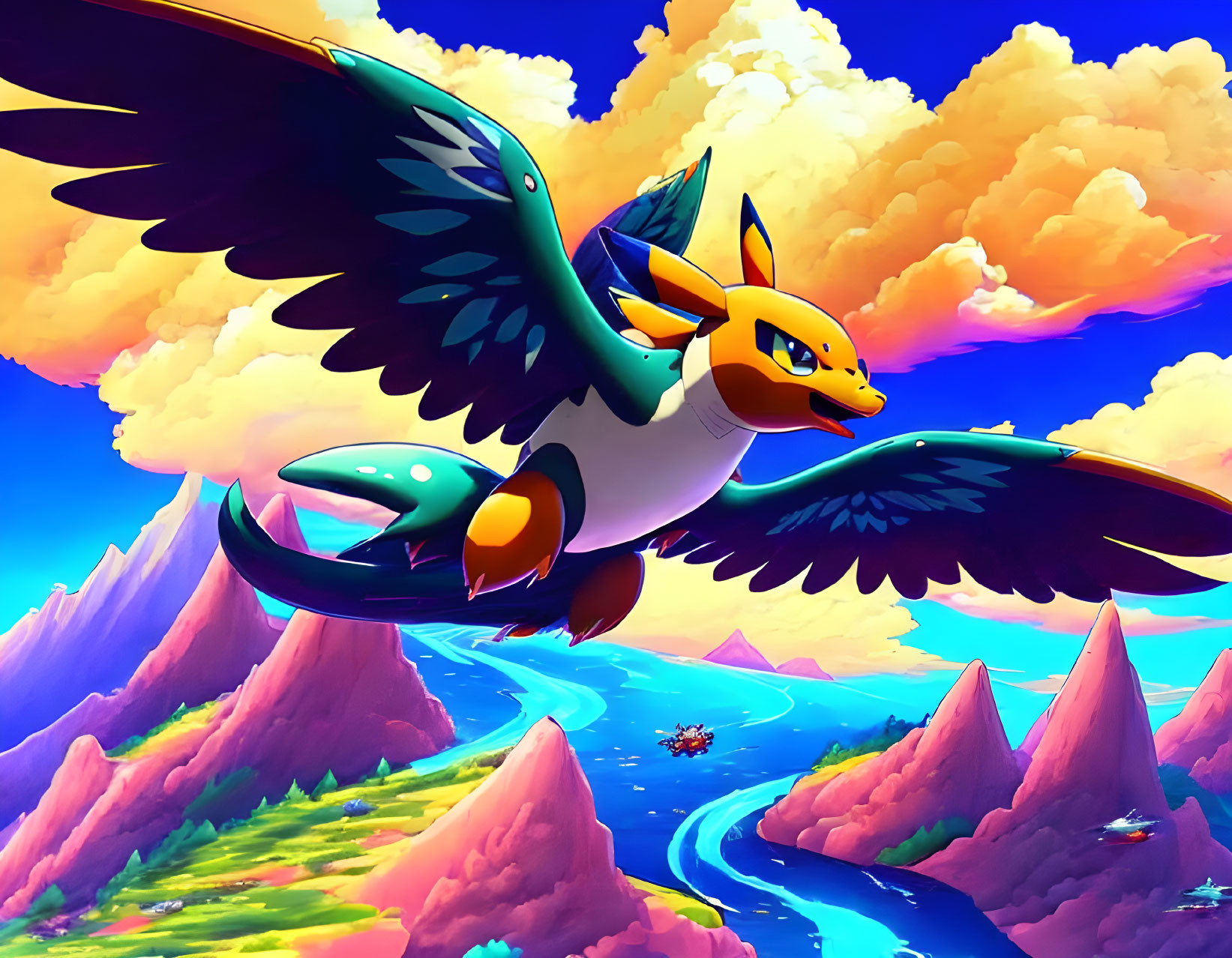 Majestic flying eagle-like Pokémon in vibrant yellow and blue colors.