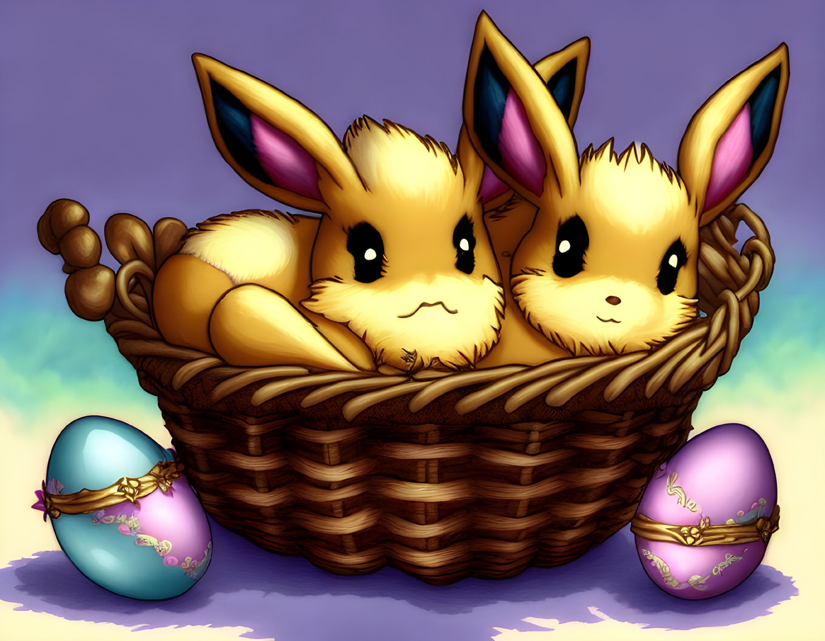 Animated Yellow Rabbits in Wicker Basket with Easter Eggs