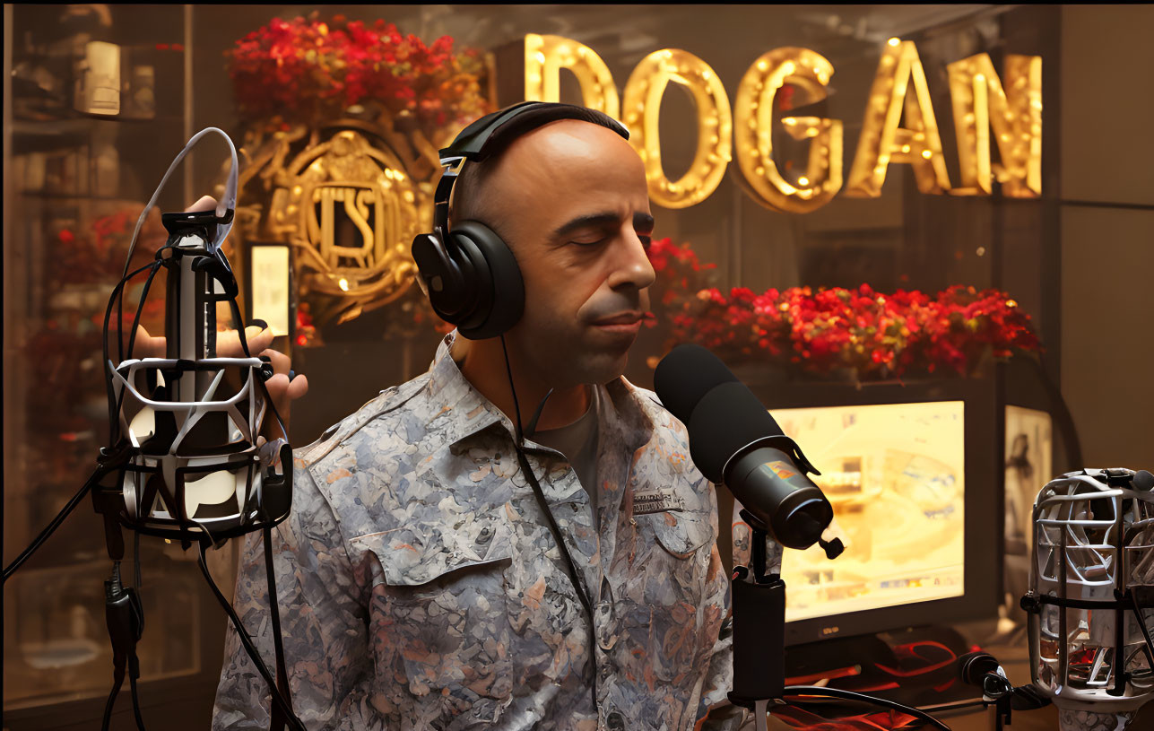 Man in headphones speaking into microphone in warm studio with flowers.