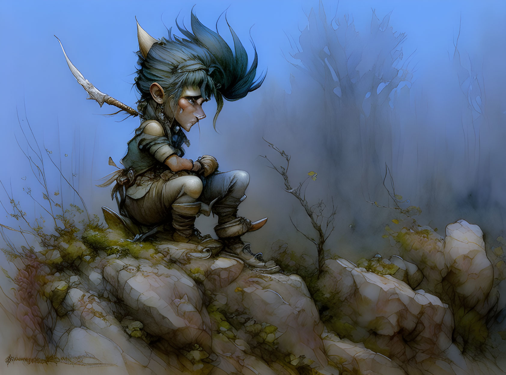 Fantasy creature with pointed ears and bow in misty forest landscape