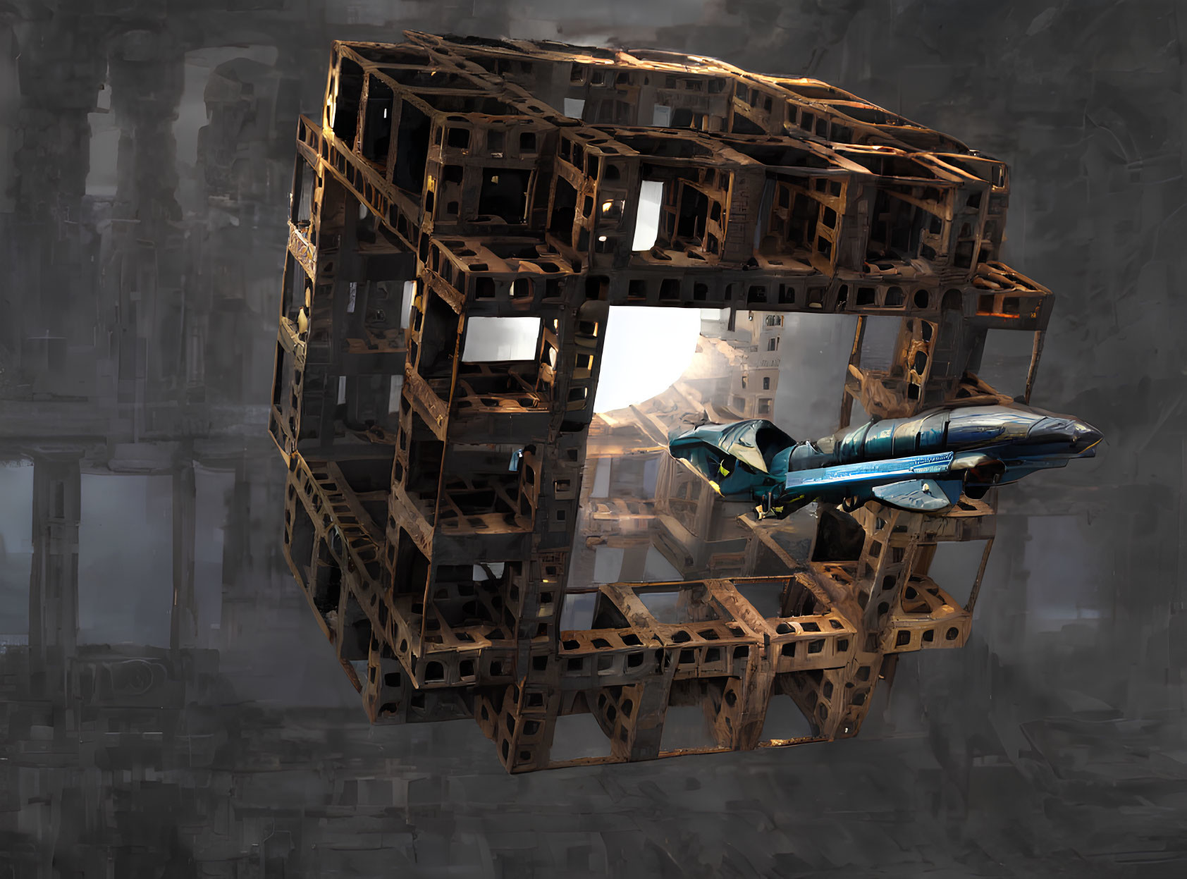 Spaceship nears intricate cube structure in futuristic cityscape