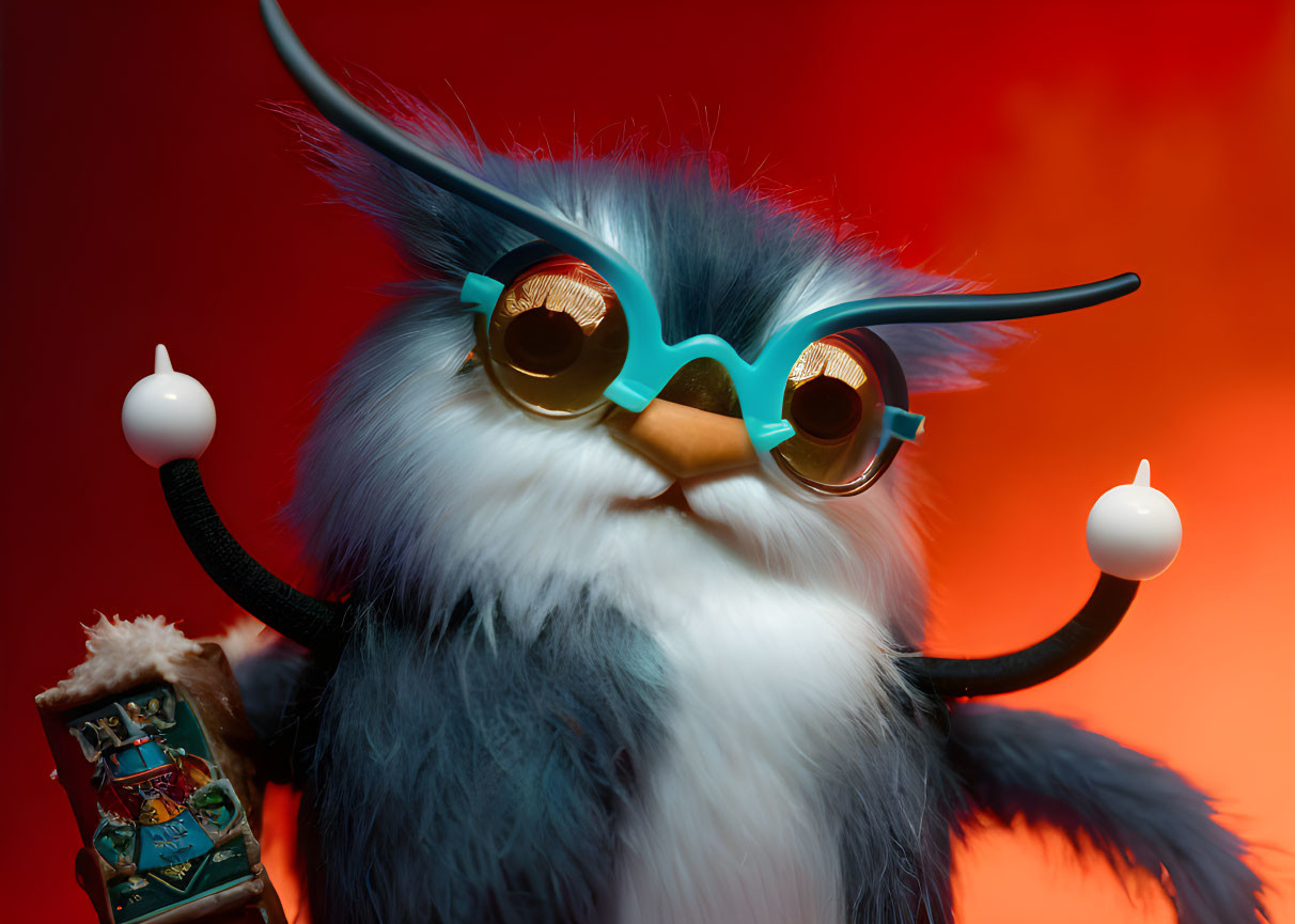 Blue-Furred Whimsical Creature with Yellow Eyes and Teal Glasses